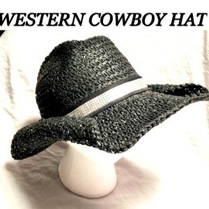 COWBOY WESTERN HAT black glittery straw weaved embellished hat size 11in NWOT